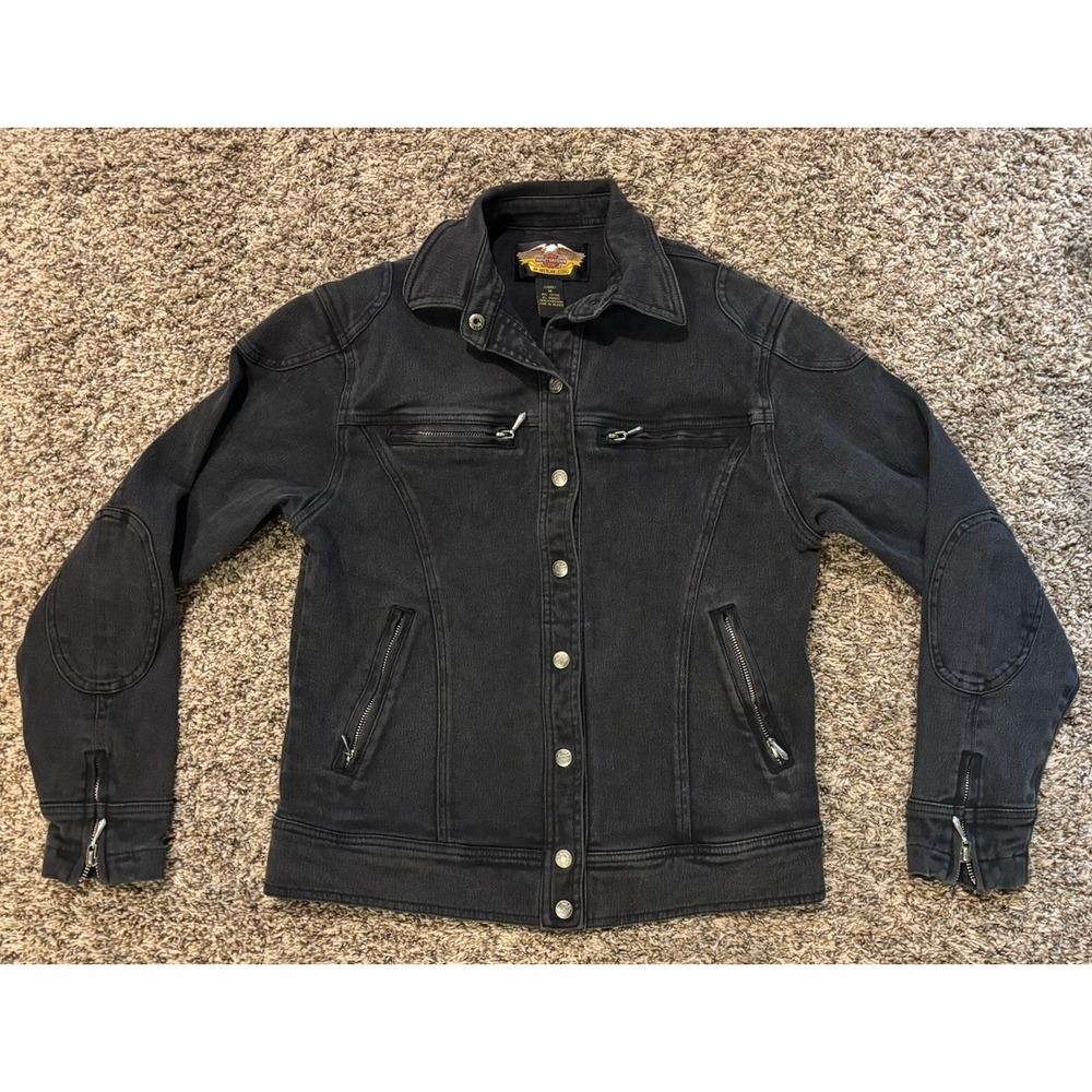 Harley Davidson Vintage Black Denim Biker Jacket Women's Medium Embroidered Logo